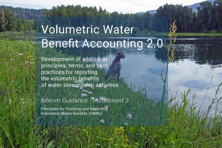 River in the center with riparian and forest land on both sides. Text on top of photo. Volumetric Water Benefit Accounting 2.0. Development of additional principles, terms, and best practices for reporting the volumetric benefits of water stewardship activities. Interim Guidance - Installment 3. Principles for Tracking and Reporting Volumetric Water Benefits (VWBs).