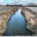Creek channel flowing between two agricultural fields