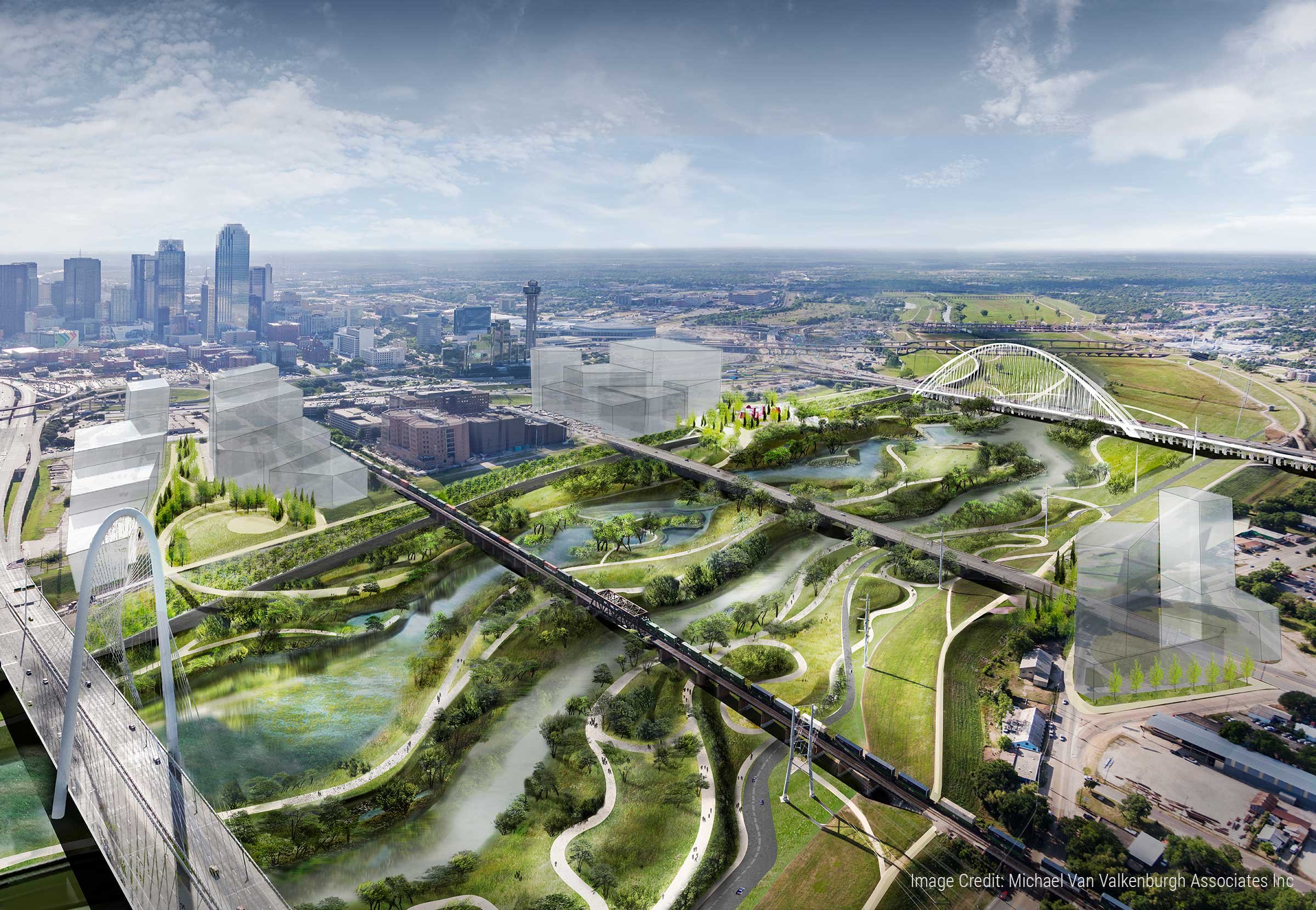 An aerial view of the city of Dallas City with a concept rendering of a new Harold Simmons Park.